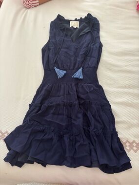 Sail to Sable Navy Tiered Ruffle Dress with Light Blue Tassels
